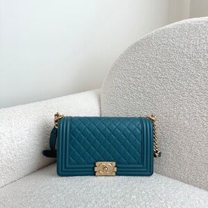 Authentic CHANEL Medium Leboy 25cm Calfskin Dark Turquoise GHW
